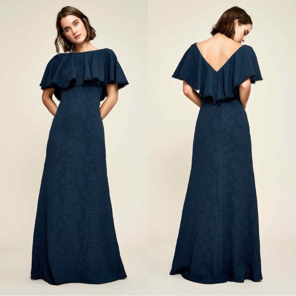 Tadashi Shoji KAYLA Ruffle Cape V Back Jacquard Gown US14